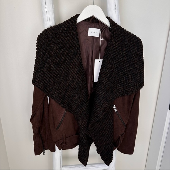 Lush Women’s Draped Faux Suede and Sweater Brown Open Front Moto Jacket Sz L - Picture 13 of 16